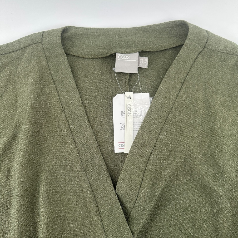 NWT Asos‎ Wrap Dress Womens 12 Olive Green Short Sleeve Tie Front Classic